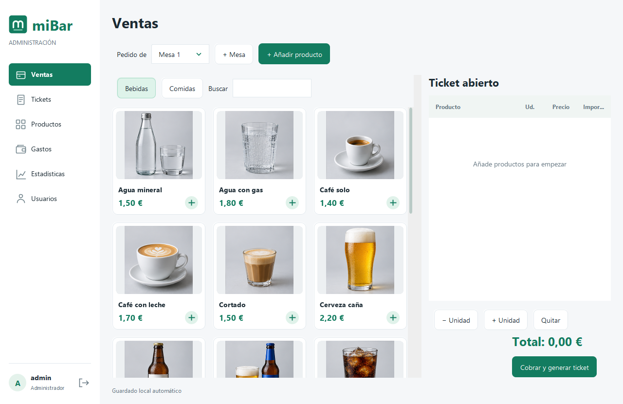Pantalla real de ventas de miBar con selección de mesa, productos con fotografías y ticket del pedido