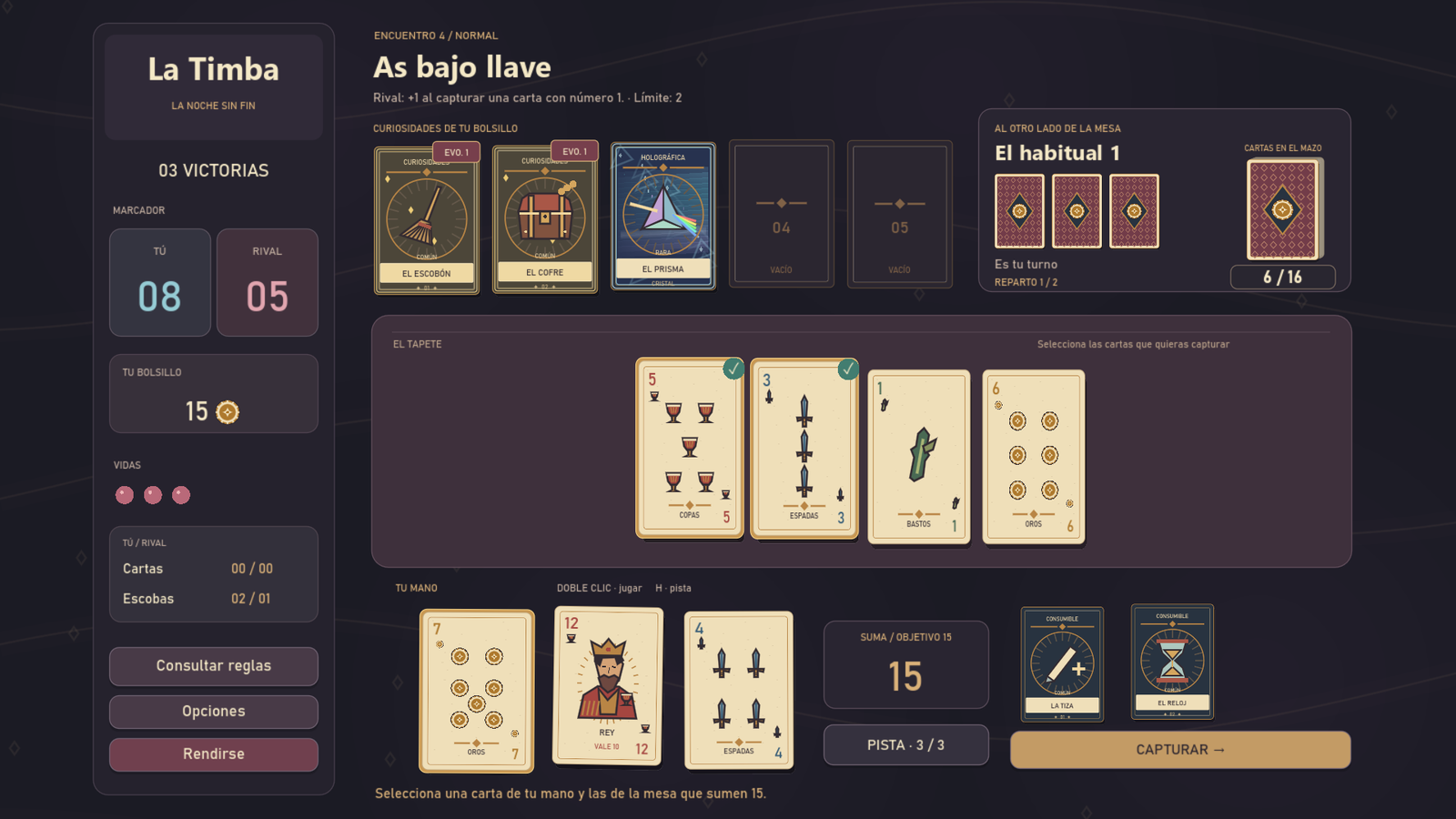 Tapete de La timba con mano de cartas, curiosidades y rival